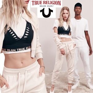 TRUE RELIGION Sweatpants Joggers Velour Athleisure Designer Rhinstone Horseshoe